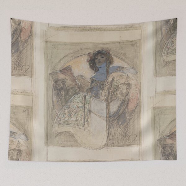 Item preview, Seated girl vintage art nouveau art by Alphonse Mucha designed and sold by Vintage Designs +.