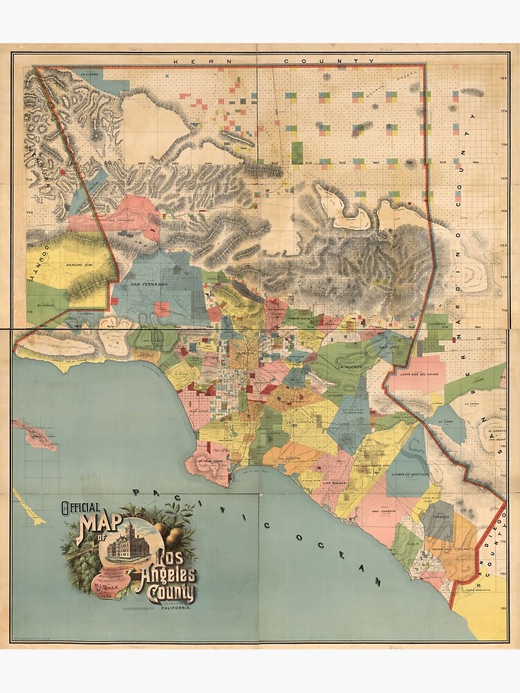 Discover Vintage Map of Los Angeles County CA (1888) Premium Matte Vertical Poster
