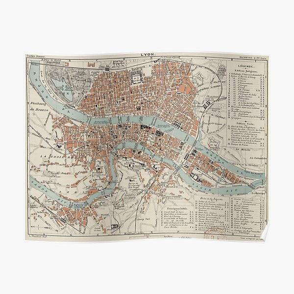 Vintage Map of Lyon France (1888) Poster