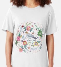 Beautiful bird in flowers Slim Fit T-Shirt