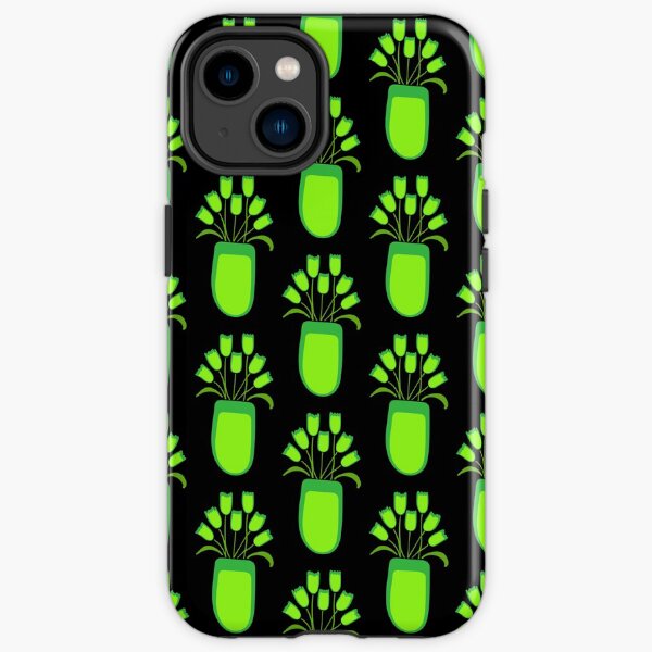 Tulips in a Vase pattern, lime green on black iPhone Tough Case