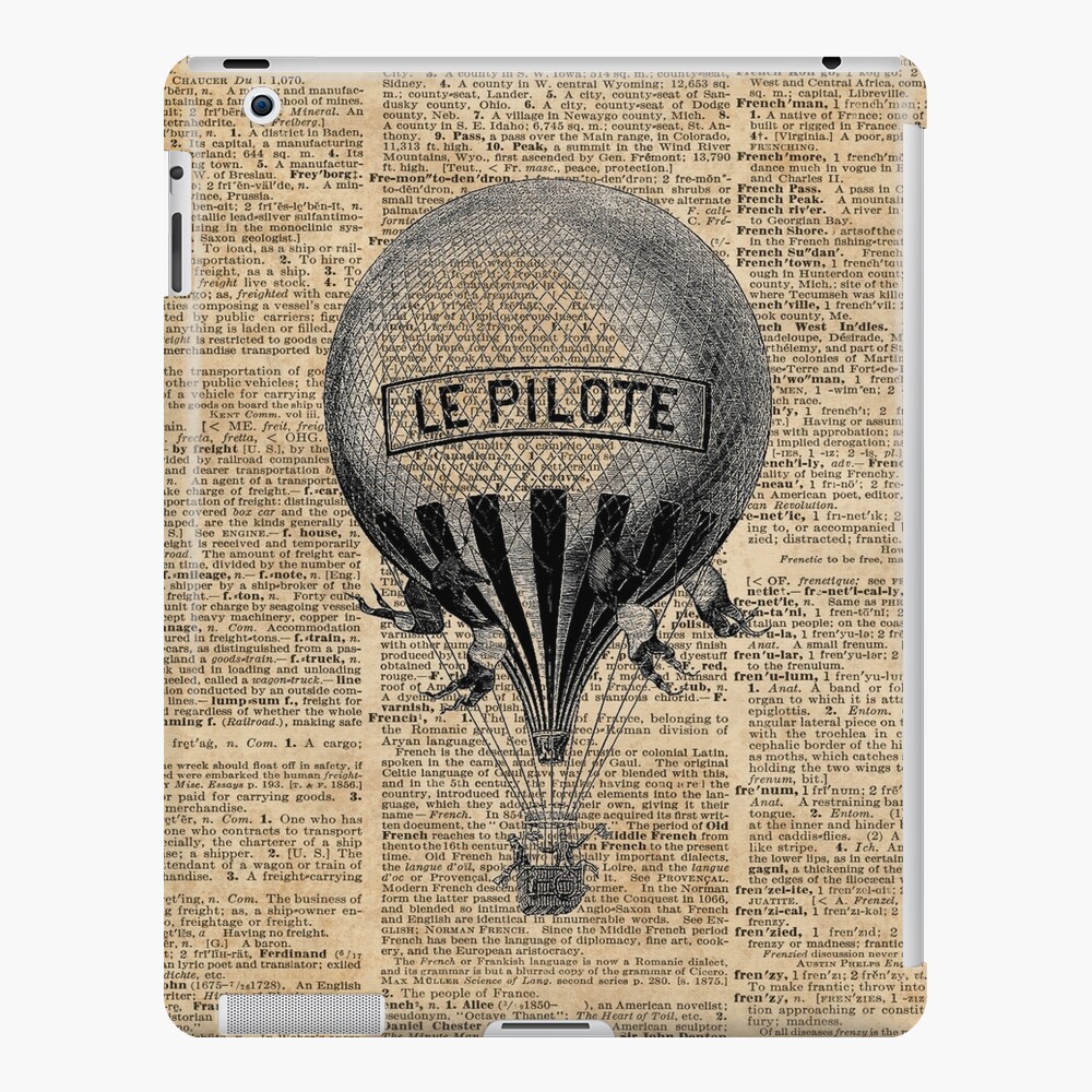 French Hot Air Balloon Vintage Engraving,Old Dictionary Page Background Art  | Spiral Notebook