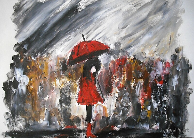 Girl In Red Raincoat Umbrella Rainy Day Acrylic Painting On Paper Art Print