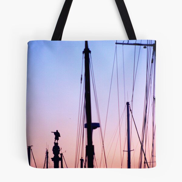 Item preview, Christopher Columbus statue amid yacht masts Barcelona Catalonia Spain designed and sold by emergentdesigns.