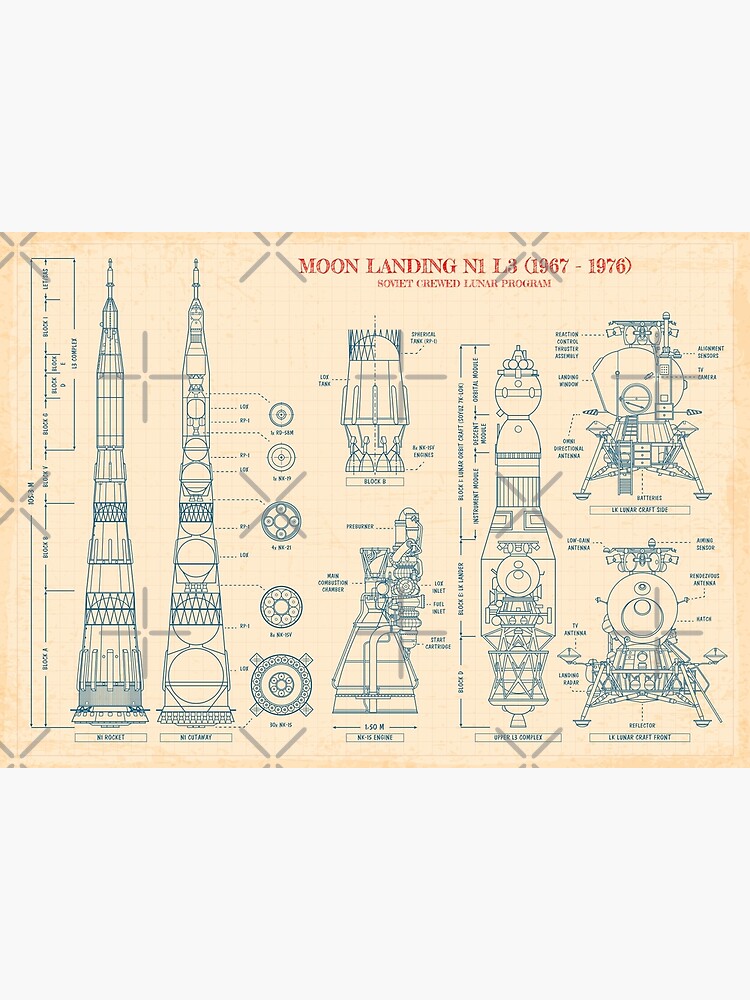 Disover N1 L3 Soviet Lunar Program Blueprint (Old Paper Grid) Premium Matte Vertical Poster