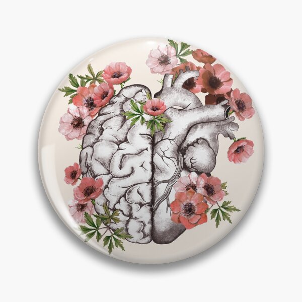 Item preview, Half heart and brain, right balance between head or brain and heart, drawing red anemones flowers anemoneus designed and sold by Collagedream.