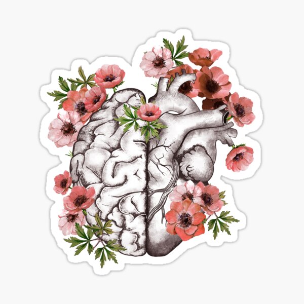 Item preview, Half heart and brain, right balance between head or brain and heart, drawing red anemones flowers anemoneus designed and sold by Collagedream.