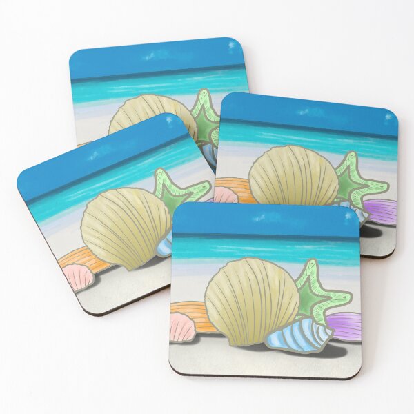 Item preview, Pastel Rainbow Seashells on White Sandy Beach with Deep Blue Turquoise Ocean Waves Watercolor Art designed and sold by PrettyLittlePic.