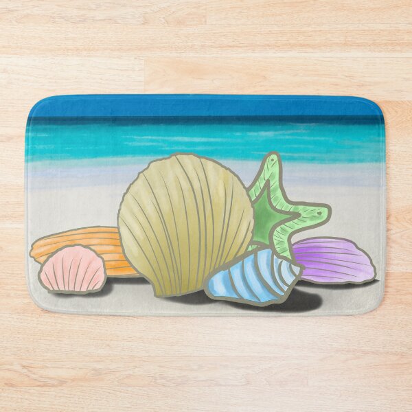 Item preview, Pastel Rainbow Seashells on White Sandy Beach with Deep Blue Turquoise Ocean Waves Watercolor Art designed and sold by PrettyLittlePic.