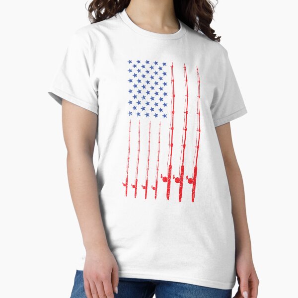 Vista previa del artículo con la obra «Diseño de pescadores de caña de pescar patriótica de bandera americana», diseñado y vendido por tshirtexpressiv.