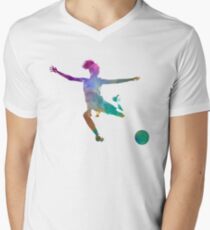 Camiseta de cuello en V Mujer futbolista 03 en acuarela