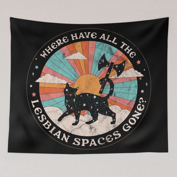 Item preview, "Where Have All The Lesbian Spaces Gone?" Starry Retro Rainbow Labrys Cat  designed and sold by XXRebellion.