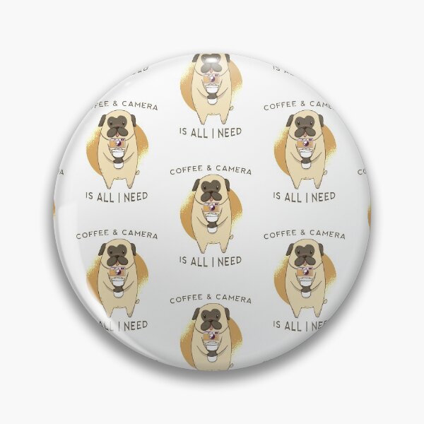 Item preview, Coffee & Camera is All I Need! [Cute Pug with a Camera around its neck and Holding a Cup of Coffee)] designed and sold by Wildlife Apparels Inc..