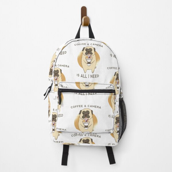 Item preview, Coffee & Camera is All I Need! [Cute Pug with a Camera around its neck and Holding a Cup of Coffee)] designed and sold by Wildlife Apparels Inc..