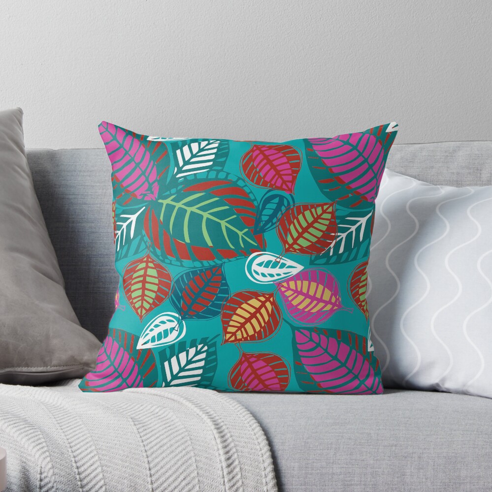 "Leafy Passion" floral design in hot colours Throw Pillow