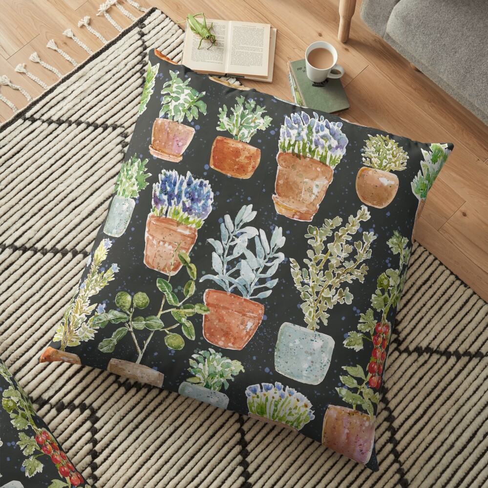 Terracotta Potted plants Earth greens & blue lake _ watercolor Floor Pillow