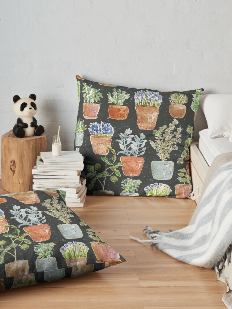 Alternate view of Terracotta Potted plants Earth greens & blue lake _ watercolor Floor Pillow