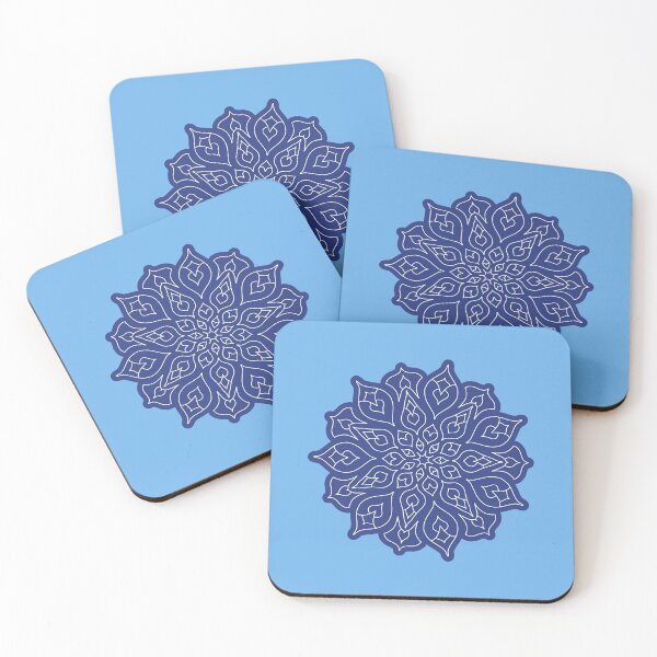 Item preview, Minimal style mandala with floral and leaf motives, in white, with dark blue outline designed and sold by CiniArt.