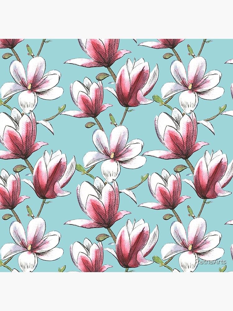 Watercolor Floral Print Pink Magnolia Seamless Pattern Wrapping