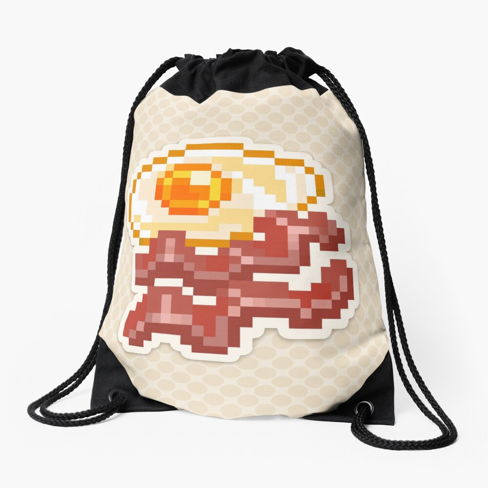 Ovos de pixel art com bacon. item de jogo do pedaço de café da manhã  americano no fundo branco