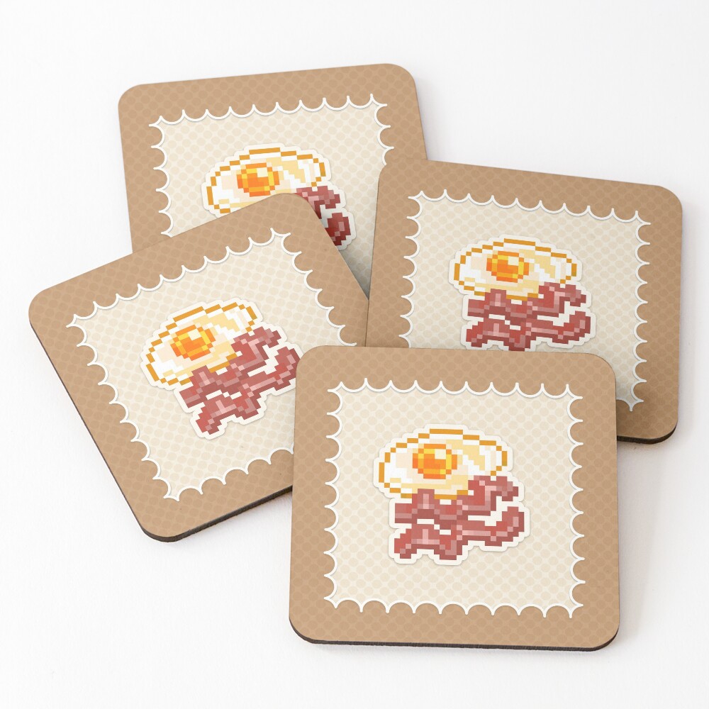 Ovos de pixel art com bacon. item de jogo do pedaço de café da manhã  americano no fundo branco