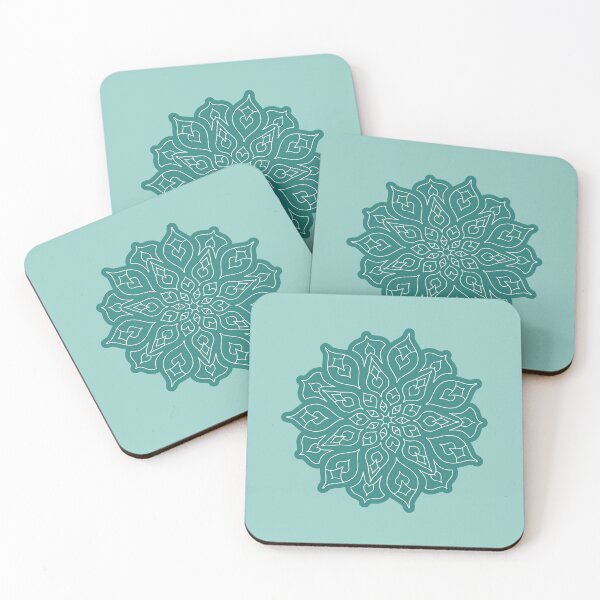 Item preview, Minimal style mandala with floral and leaf motives, in white, with turquoise blue outline designed and sold by CiniArt.