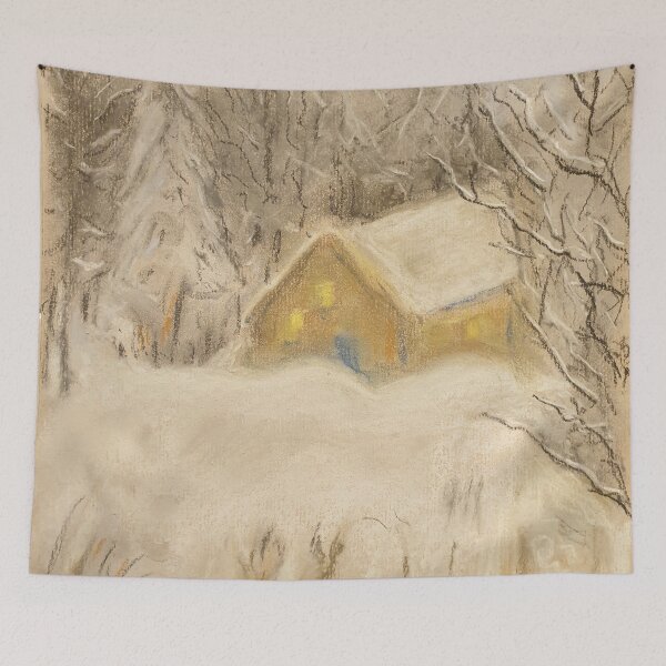 Item preview, Christmas winter cabin in the woods snow scene designed and sold by WorldOfWendyArt.