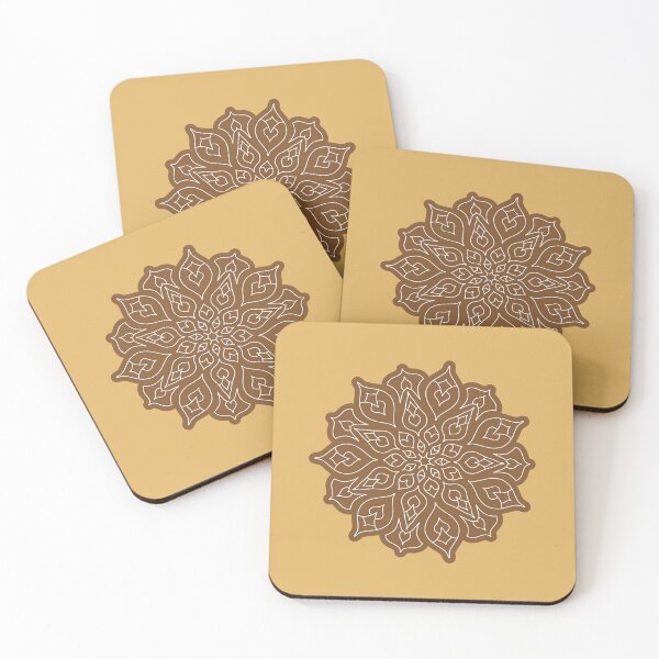 Item preview, Minimal style mandala with floral and leaf motives, in white, with goldern brown outline designed and sold by CiniArt.