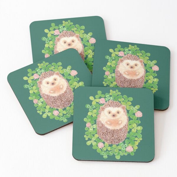Item preview, cute hedgehog in cloverfield on moss green background designed and sold by EllenLambrichts.