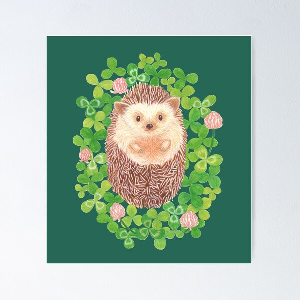 Item preview, cute hedgehog in cloverfield on moss green background designed and sold by EllenLambrichts.