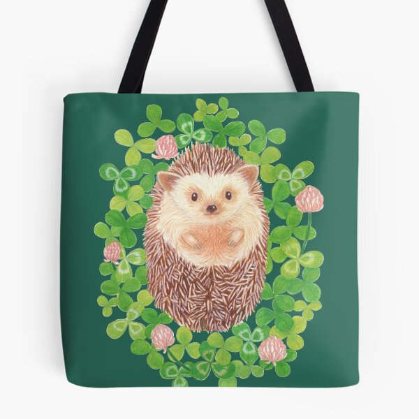 Item preview, cute hedgehog in cloverfield on moss green background designed and sold by EllenLambrichts.