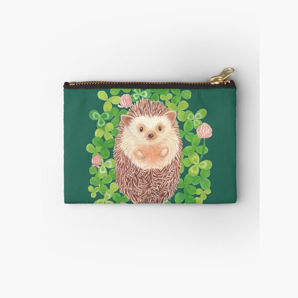 Item preview, cute hedgehog in cloverfield on moss green background designed and sold by EllenLambrichts.
