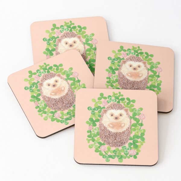 Item preview, cute hedgehog in cloverfield on terracotta pink background designed and sold by EllenLambrichts.