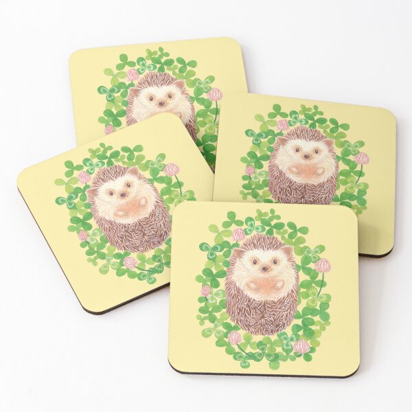 Item preview, cute hedgehog in cloverfield on pastel yellow background designed and sold by EllenLambrichts.