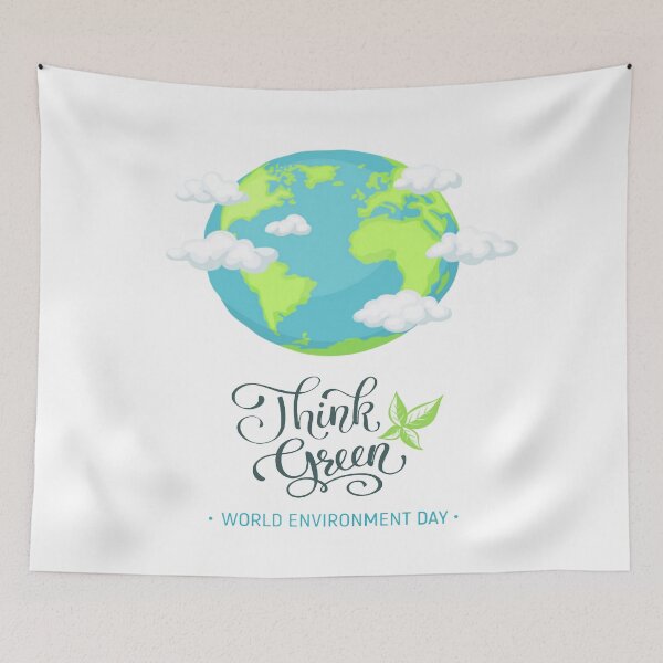 Item preview, World Environment Day - Think Green Text Slogan with Cloud surrounded World Planet Earth designed and sold by WearWolfDesigns.