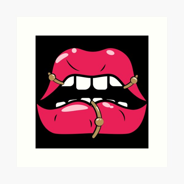 Red open mouth with golden pierced lip Art Print