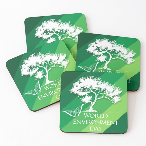 Item preview, World Environment Day - White Silhouette of a Tree and Butterfly with White Text Slogan on a Striped Green Background designed and sold by WearWolfDesigns.
