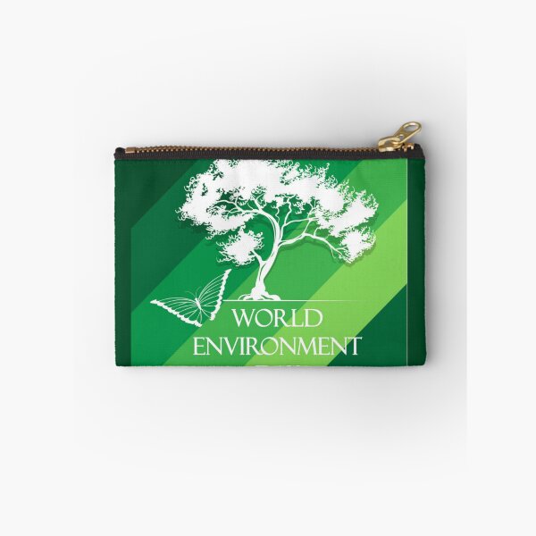 Item preview, World Environment Day - White Silhouette of a Tree and Butterfly with White Text Slogan on a Striped Green Background designed and sold by WearWolfDesigns.