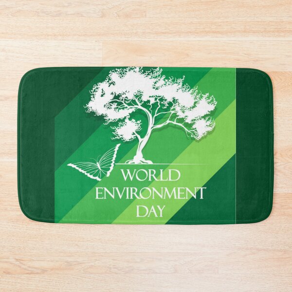 Item preview, World Environment Day - White Silhouette of a Tree and Butterfly with White Text Slogan on a Striped Green Background designed and sold by WearWolfDesigns.