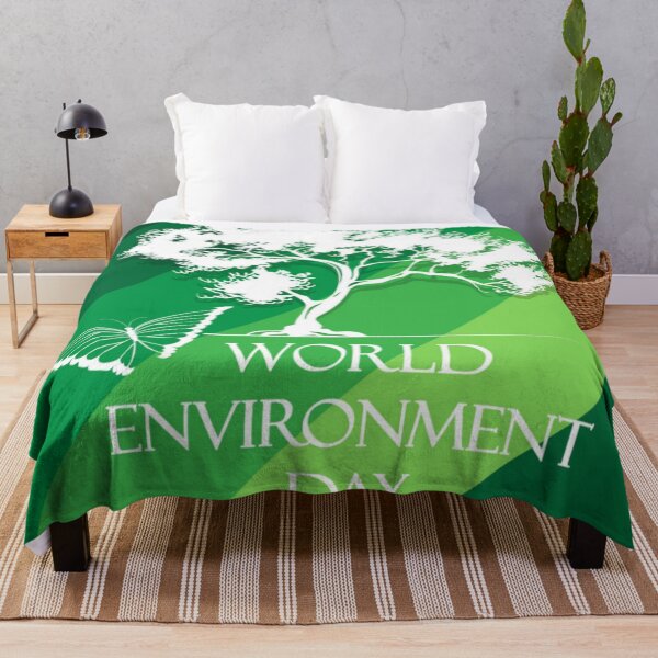Item preview, World Environment Day - White Silhouette of a Tree and Butterfly with White Text Slogan on a Striped Green Background designed and sold by WearWolfDesigns.