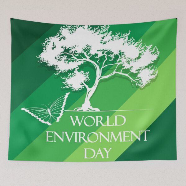 Item preview, World Environment Day - White Silhouette of a Tree and Butterfly with White Text Slogan on a Striped Green Background designed and sold by WearWolfDesigns.