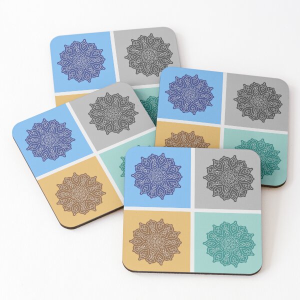 Item preview, Colorful tiles with white mandala drawings, in colors of blue, gray, orange and turquoise designed and sold by CiniArt.