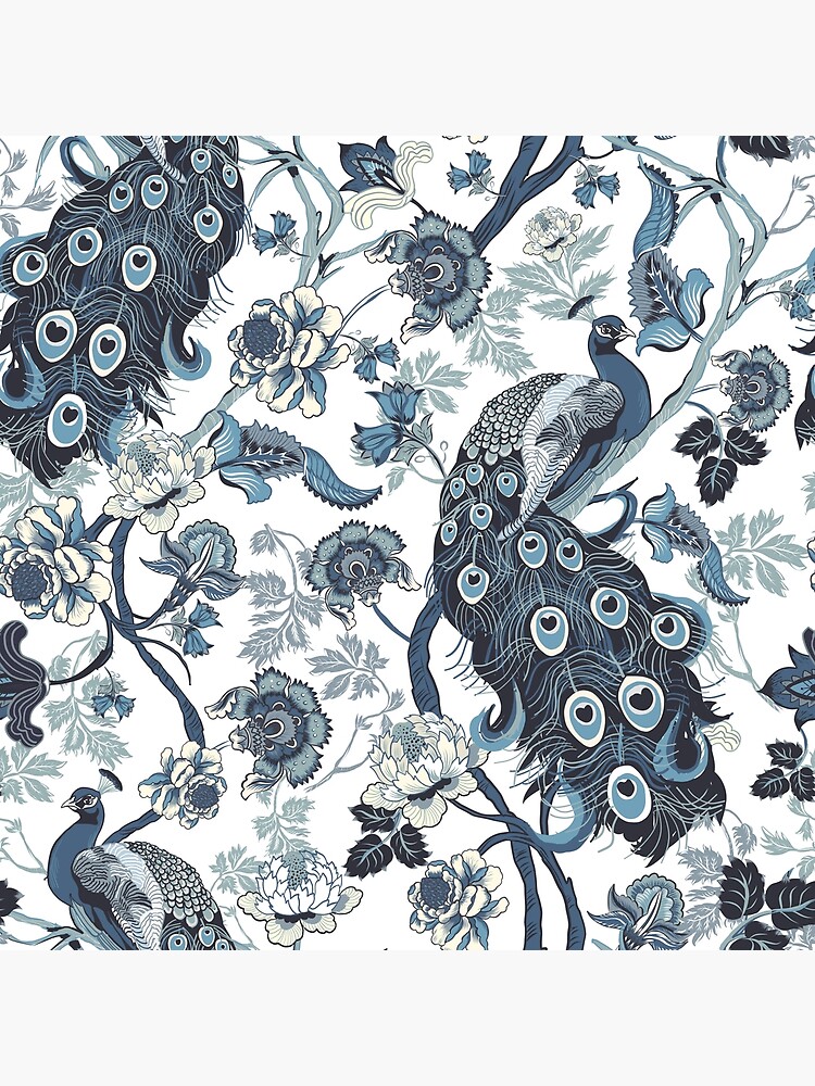 Chinoiserie Blue peacock, chintz, flowers, nature pattern, decorative, blue and white by chrissyink
