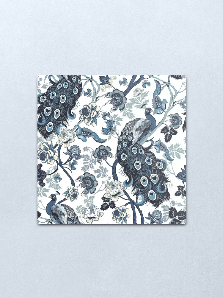 Alternate view of Chinoiserie Blue peacock, chintz, flowers, nature pattern, decorative, blue and white Metal Print