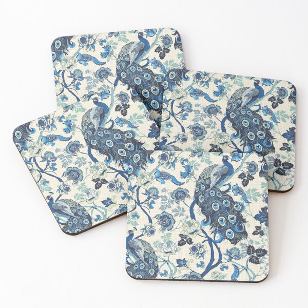Item preview, Chinoiserie Blue Peacocks Linen look, vintage designed and sold by chrissyink.