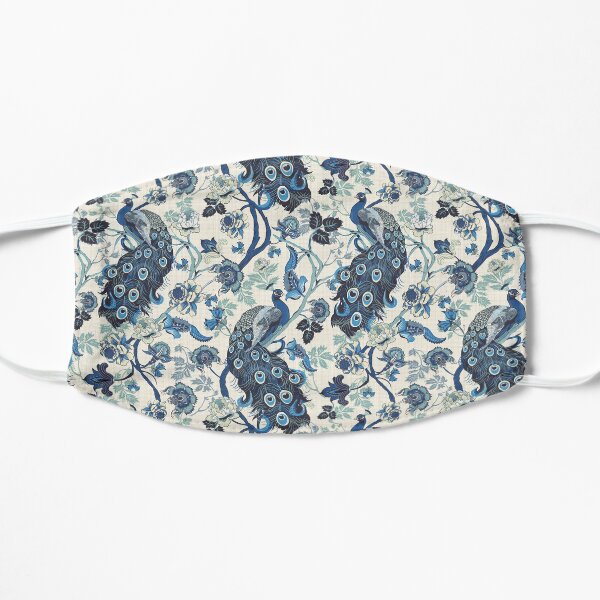 Chinoiserie Blue Peacocks Linen look, vintage Flat Mask