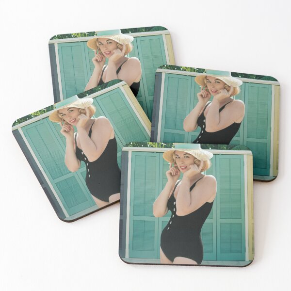 Item preview, Captivating blonde in a swimsuit presses down the brim of her sun hat. designed and sold by Lowtech.
