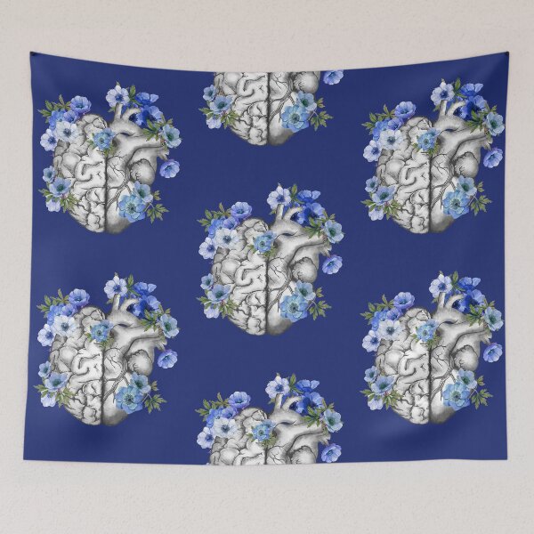 Item preview, Right balance between head or brain and heart, Half heart and brain, blue anemones flowers anemoneus designed and sold by Collagedream.