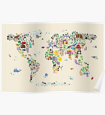 Animal Map of the World for children and kids Poster