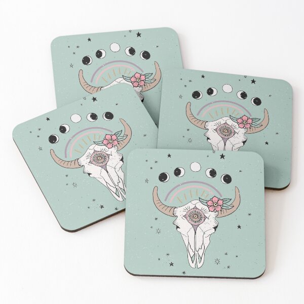 Item preview, Boho Tribal Cow Skull with Flowers - dusty mint green designed and sold by misentangled.